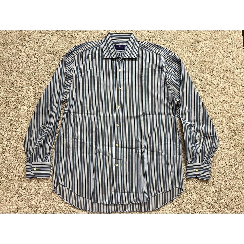 ETRO Dress Shirt Mens 42 Long Sleeve Blue White Striped Button Up Made In Italy